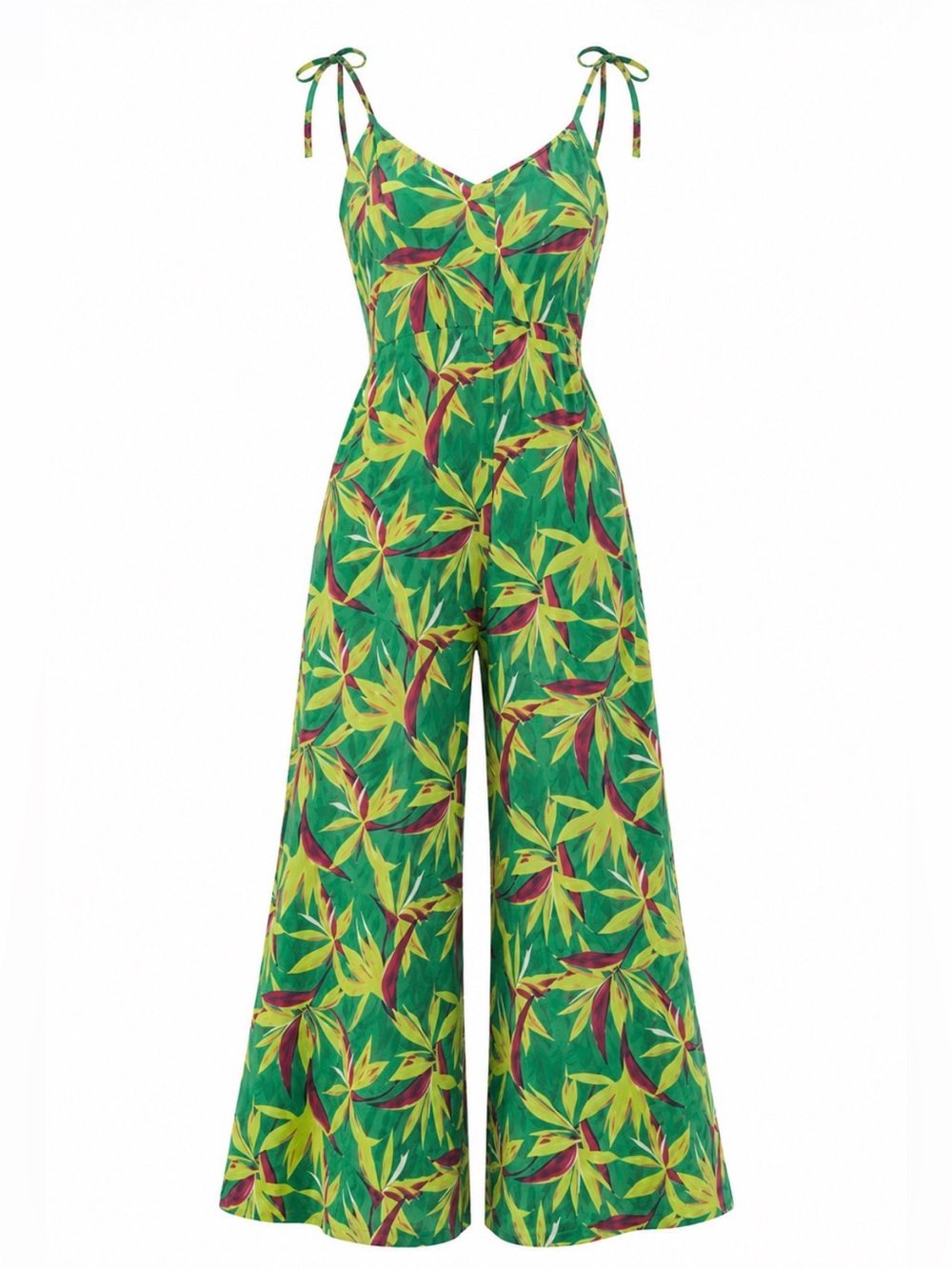 Tropical Print Tie-Strap Jumpsuit in Teal & Lime - Size Medium